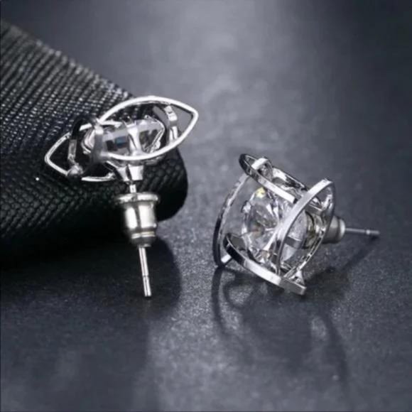 STERLING SILVER 3D CAGE DIAMOND EARRINGS, BEAUTIFUL EARRINGS, CUTE EARRINGS. - Picture 6 of 6